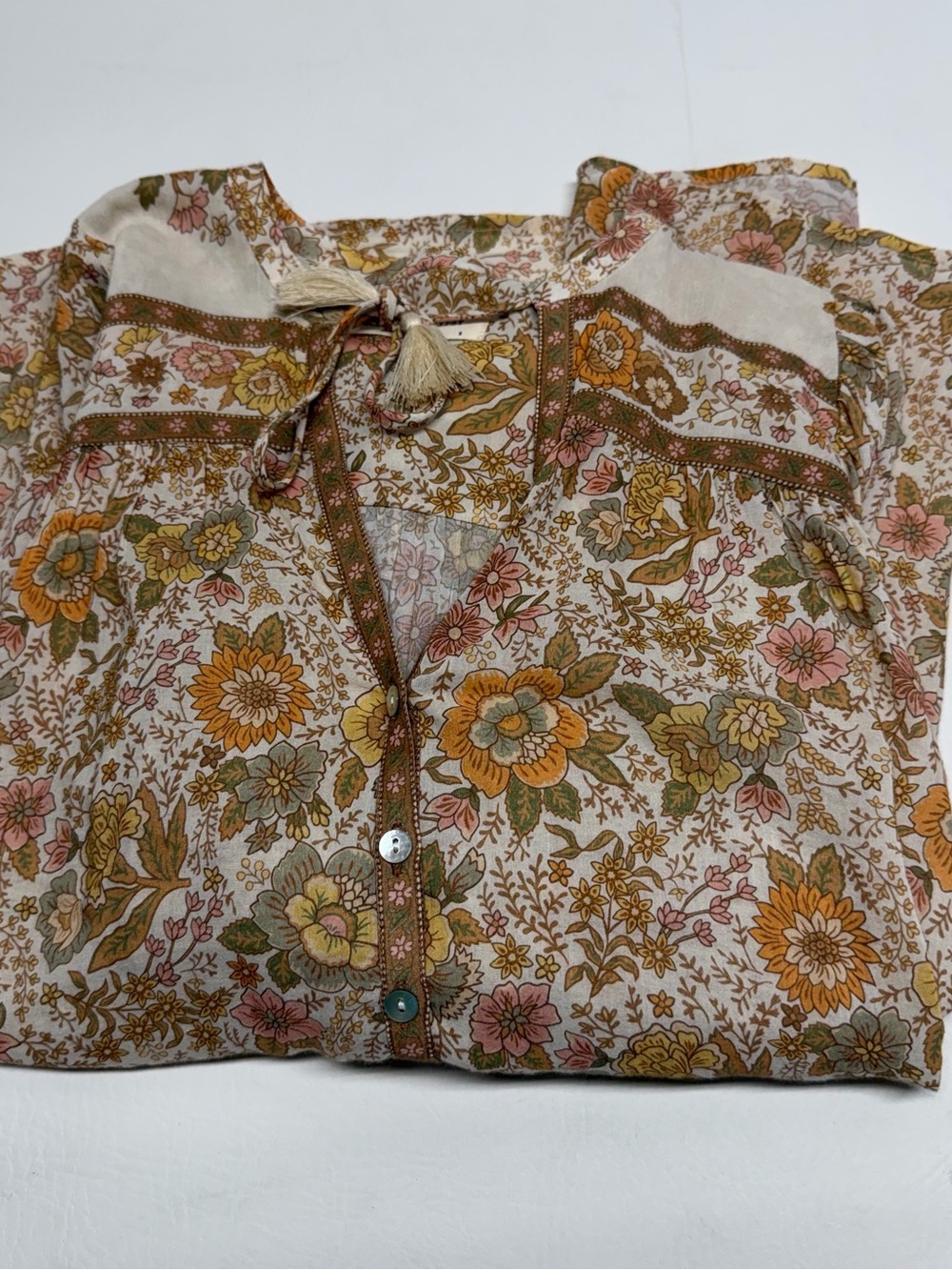 Spell & the Gypsy Boho Floral Tassel Blouse - Cream & Mustard sz Small - Picture 9 of 9